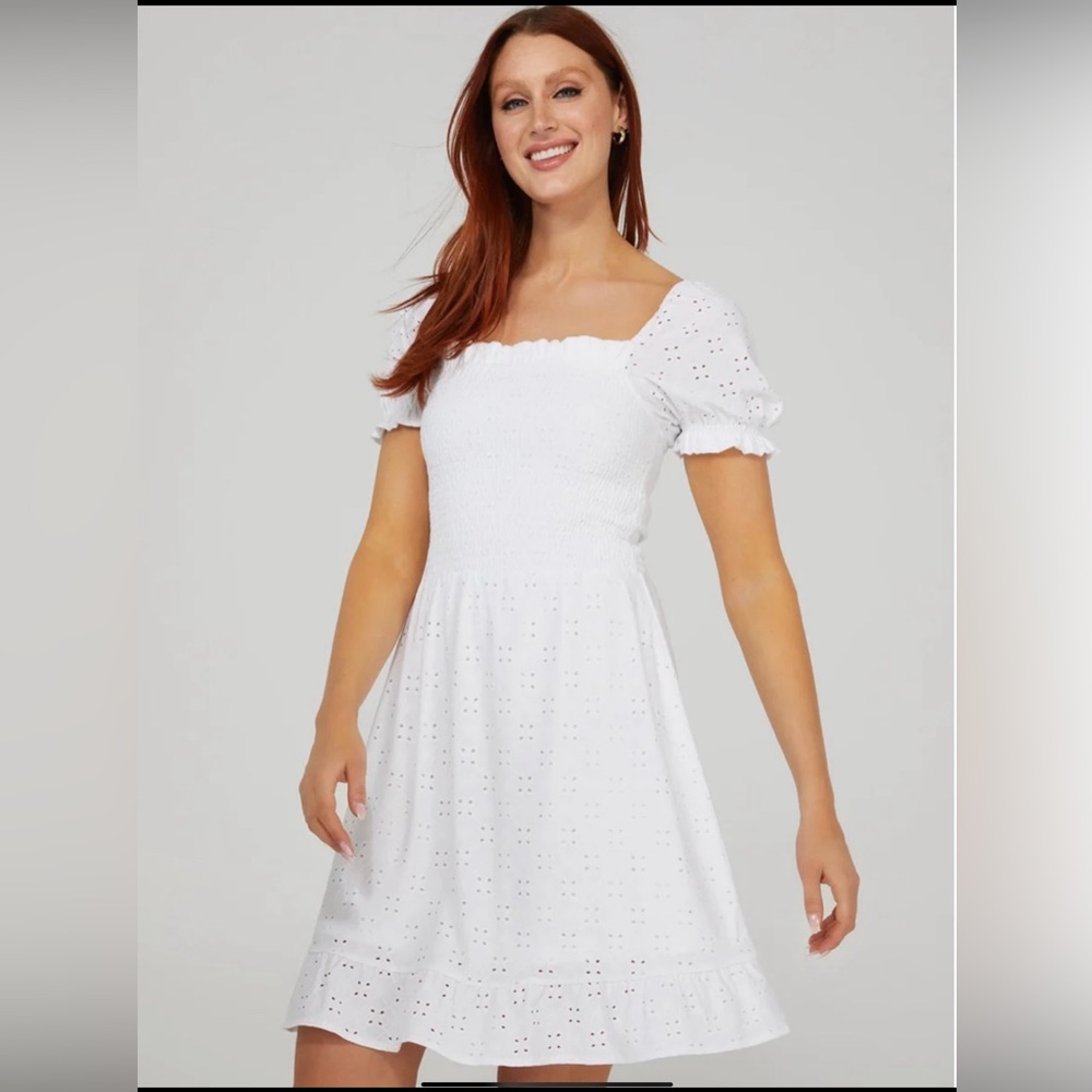 Smocked Eyelet Mini Dress With Puff Sleeves